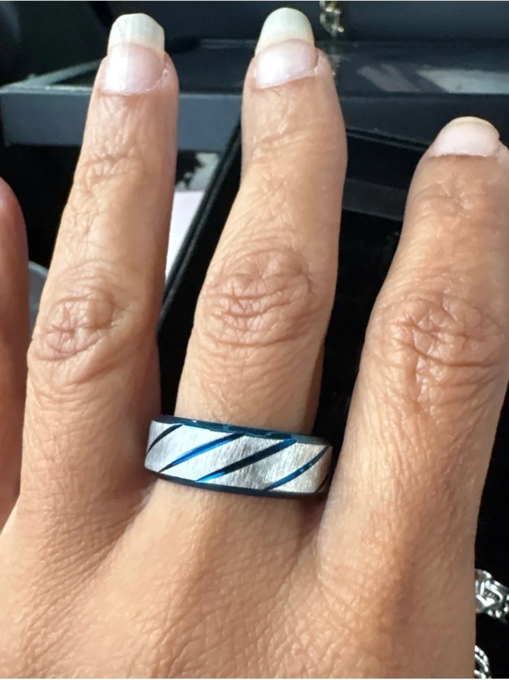 Brushed Silver Men's Ring with Blue Accent Stripe